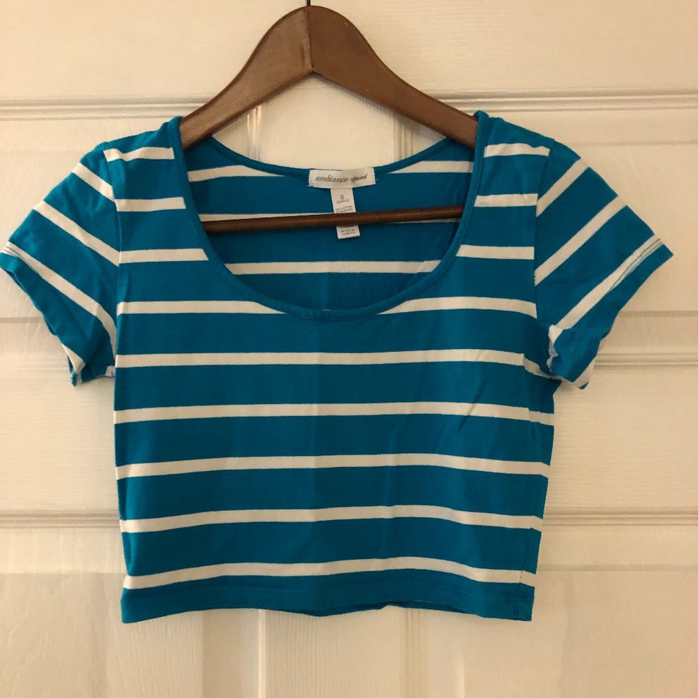 EUC Ambiance Apparel Junior SMALL Turquoise White Stripe Crop Top Short Slv B93